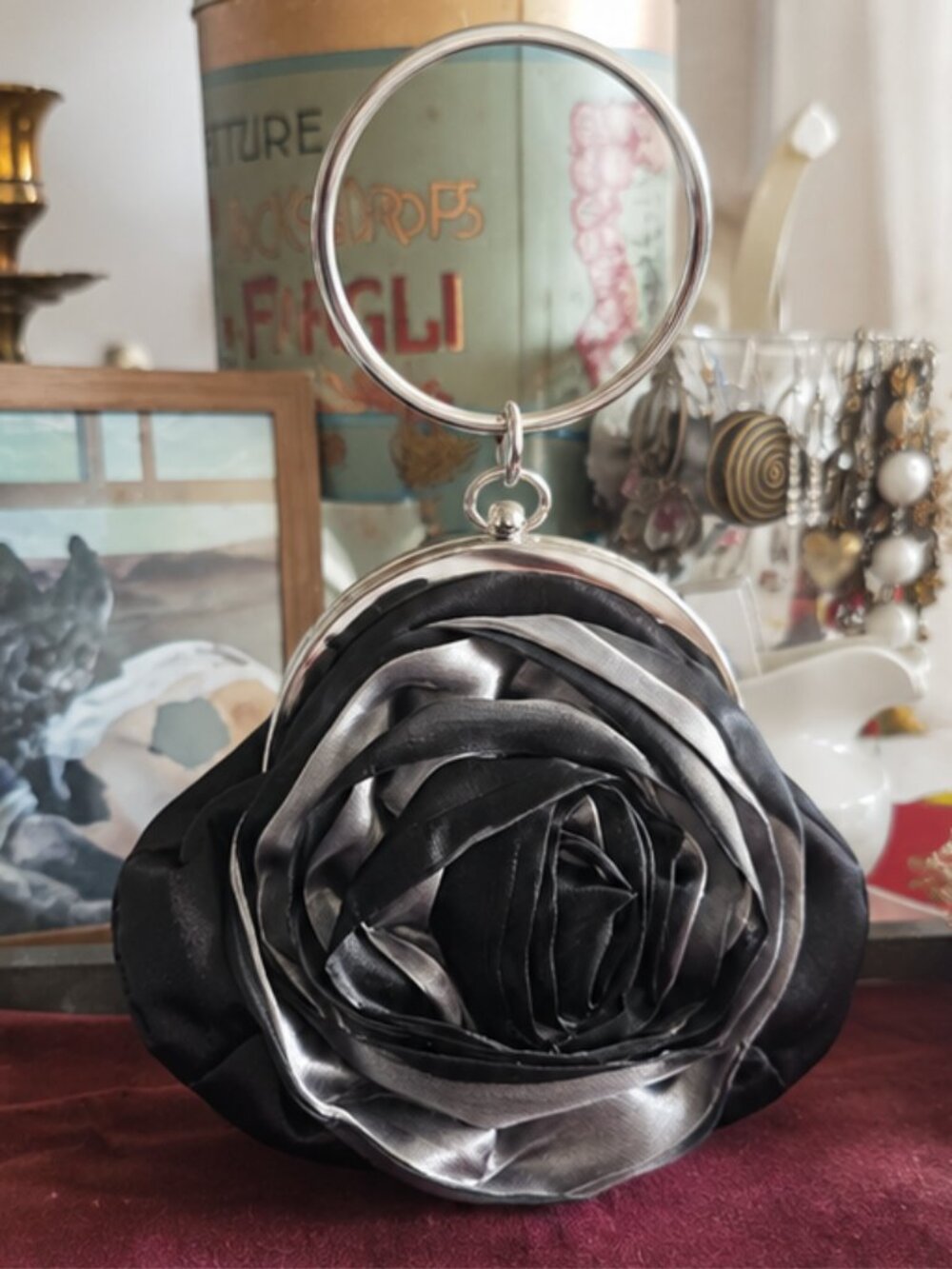 Black & Silver Satin Rose Evening Bag – Statement Ring Handle Clutch